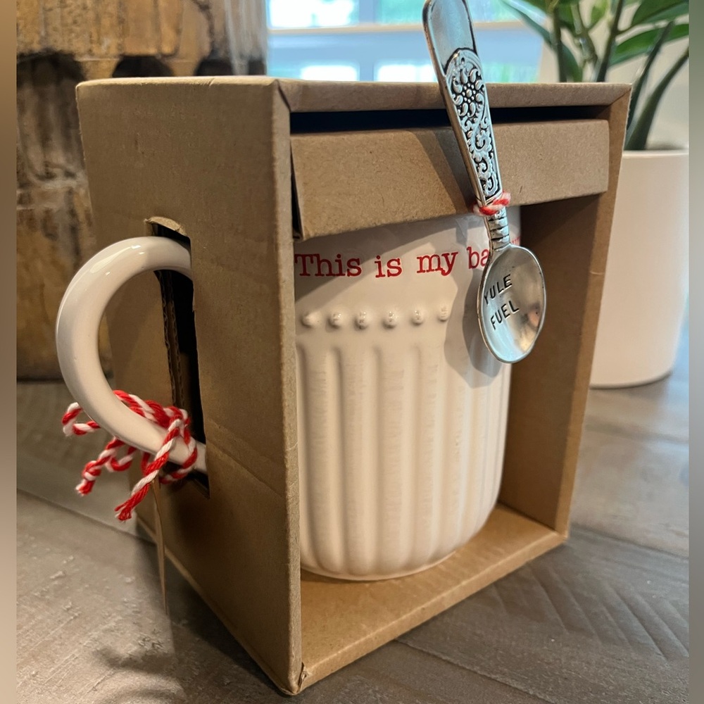 Mud Pie White Mug with Red Accents and Yule Fuel Spoon - This is my bag-hum-MUG